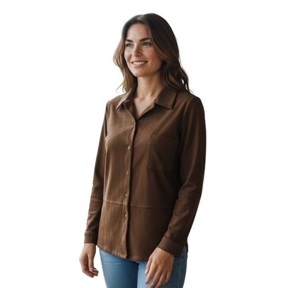 Elegant Brown Button Down Faux Suede Shirt for Women. Gently Worn. Size XL. - Picture 2 of 5